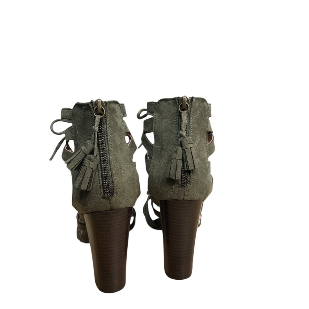 Parker and Sky Lace Up Elegant Olive Green Faux Suede Tassel Heels Size 6 - Picture 5 of 9